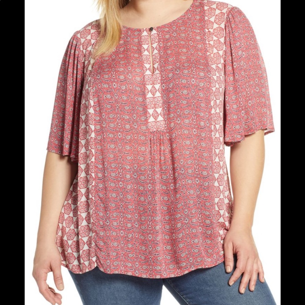 LUCKY BRAND Tile Print Flutter Sleeve Blouse (Plus Size)